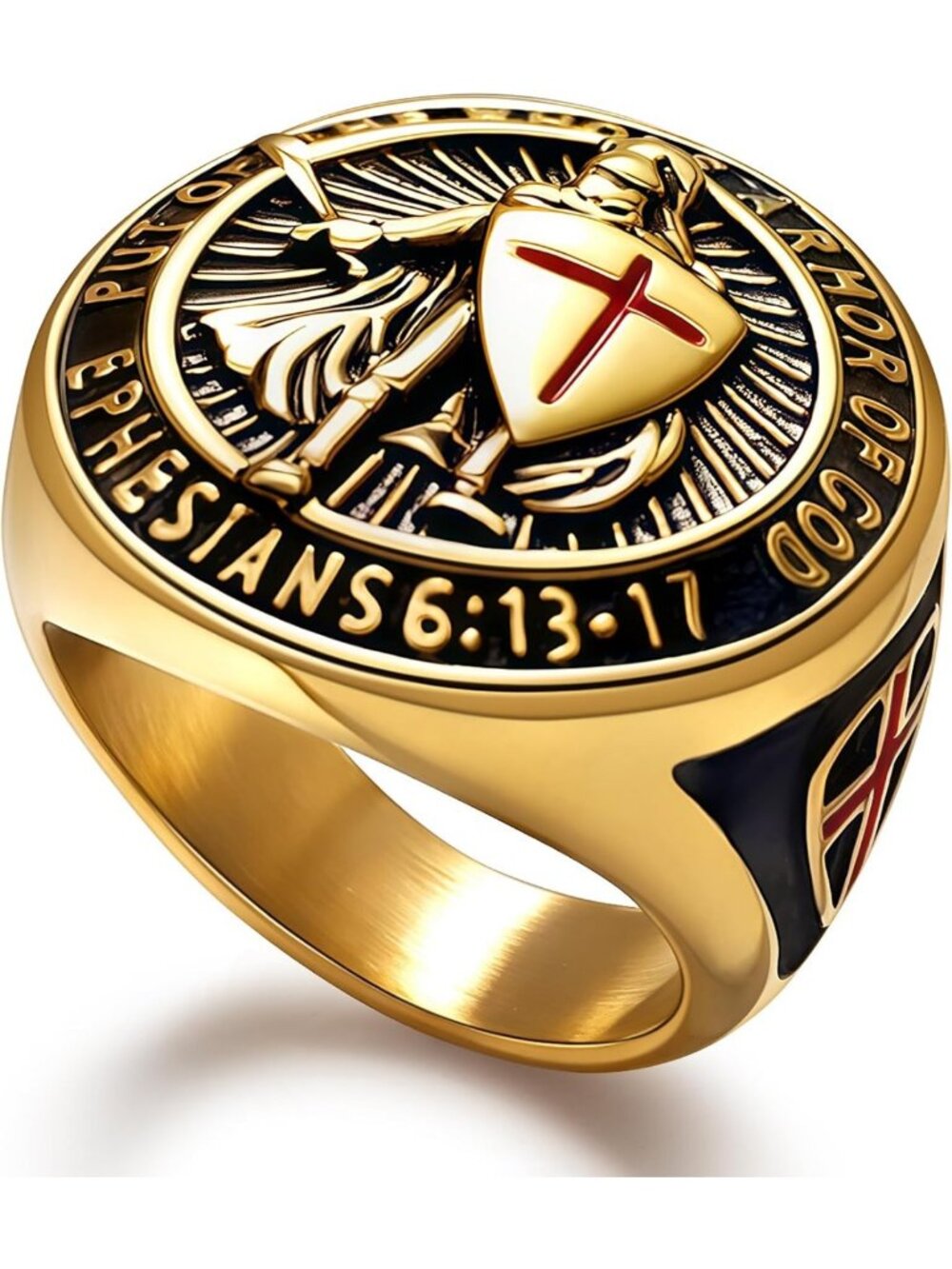 Men's Knights Templar Ring - Armor of God Ephesians 6:13-17, Red Cross Design